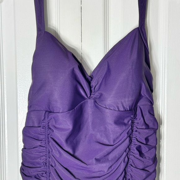 Lands' End Eggplant Purple One Piece Swimsuit with Halter Style and Ruching - Picture 2 of 4